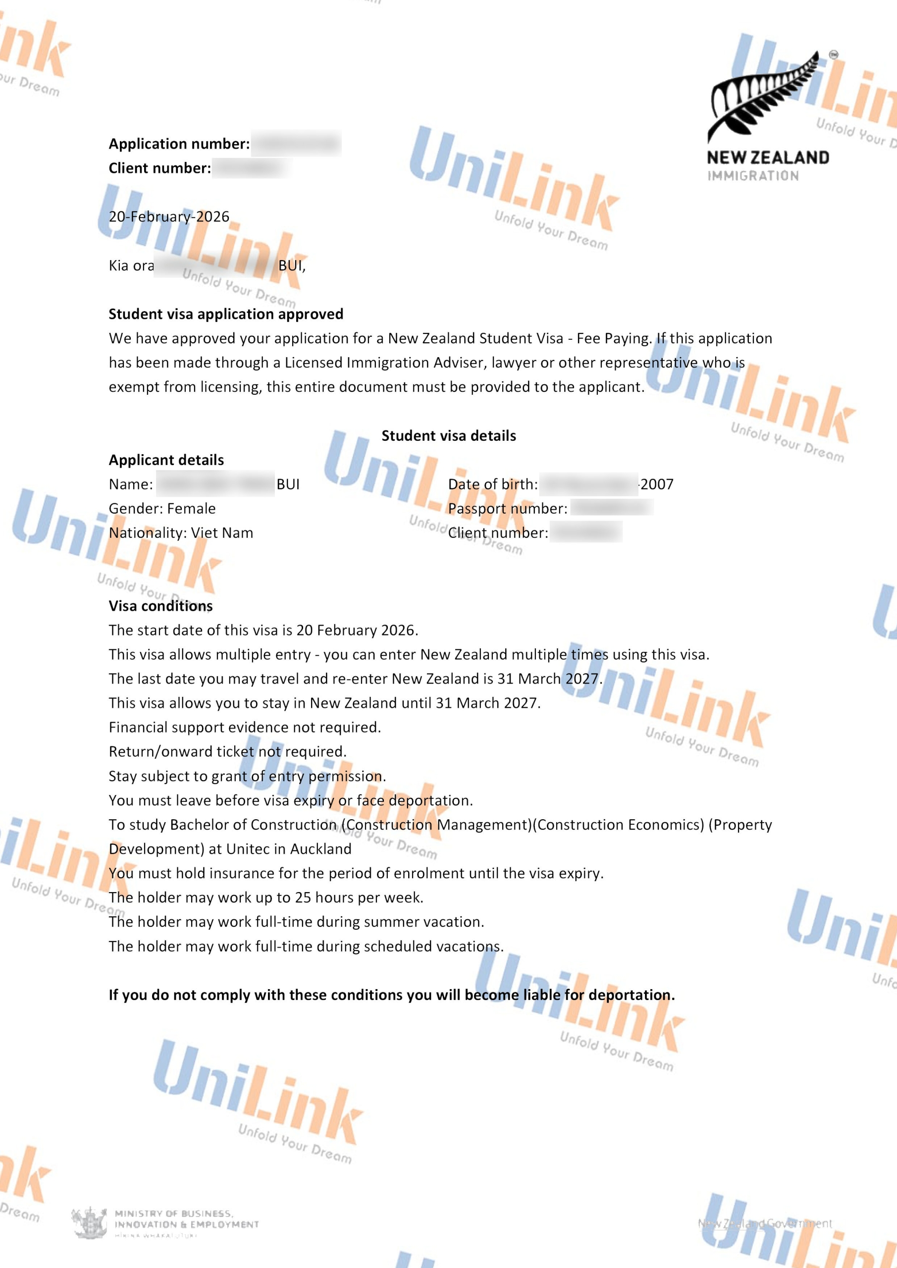 Bui Dang Bao Tran - Unitec College NZ - Bachelor