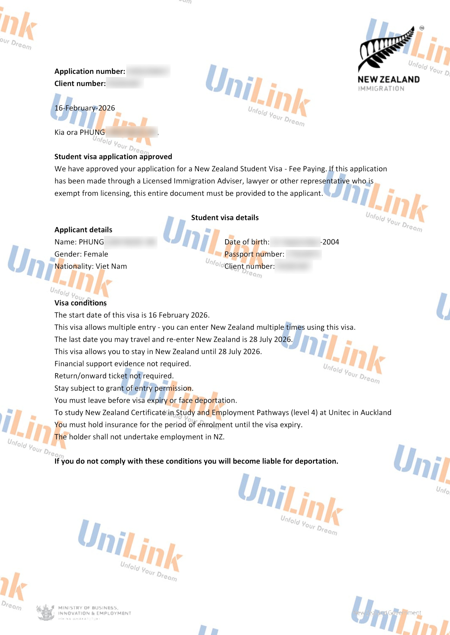 Phung Lam Ngoc An - Unitec College NZ - Bachelor